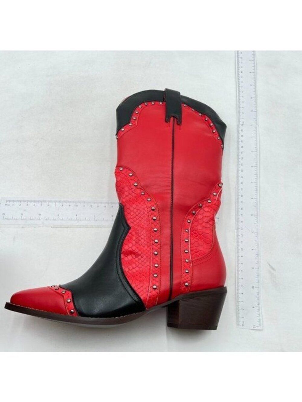 Cowboy Cowgirl Boots Mid Wide-Calf Square Toe Leather Boot Western Booties Red